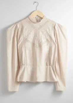 Online Broderet Bluse Med Puf-Aermer Kvinder Bluser Og Skjorter