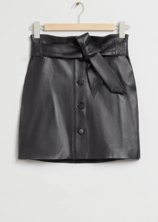 Fashion Laeder Paperbag Nederdel Med Baelte Kvinder Nederdele