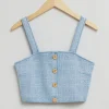 Outlet Tweed Strik Bustier Top Med Knapper Kvinder Toppe