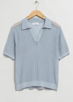 Outlet Afslappet Pointelle Strikket Poloshirt Kvinder Toppe