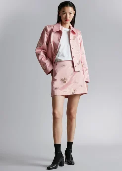 Shop Blomsterbroderi Satin Mininederdel Kvinder Sæt Og Dragter