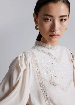 Online Broderet Bluse Med Puf-Aermer Kvinder Bluser Og Skjorter